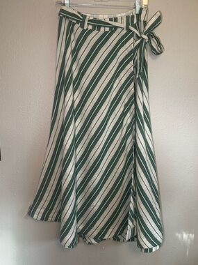 Anthropologie Maeve Green Striped Wrap Skirt 100% Cotton Size 4 Boho Cottagecore